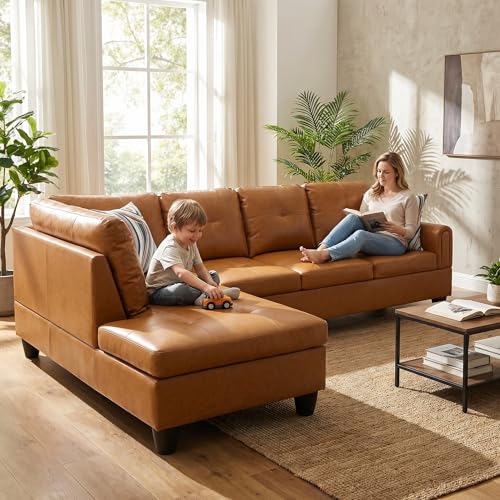 Image of L-Shaped Sectional Sofa, Modern 4-Seat Couch with Left Facing Chaise, Leather Sectional Couch for Living Room, Apartment, Office, Ginger