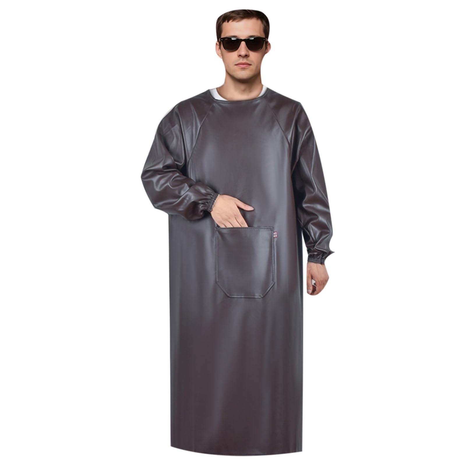 Delantal de Manga Larga Impermeable Y Resistente a La Grasa Delantales Largo de Cuero con Bolsillos Lazo Trasero Puños Elásticos Y Cuello Redondo Ropa de Trabajo para Cocina Y Restaurante