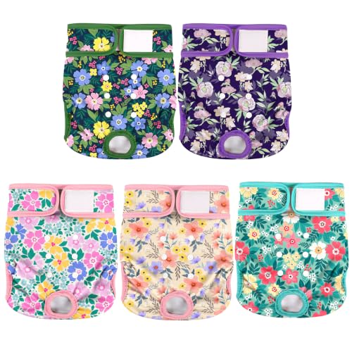 Image of wegreeco Female Dog Diapers, Washable Reusable Pet Puppy Doggie Diapers for Small Medium Large Female Dogs in Heat Period, Doggy Period Panties, 5 Pack, X-Large, Colorful Flowers