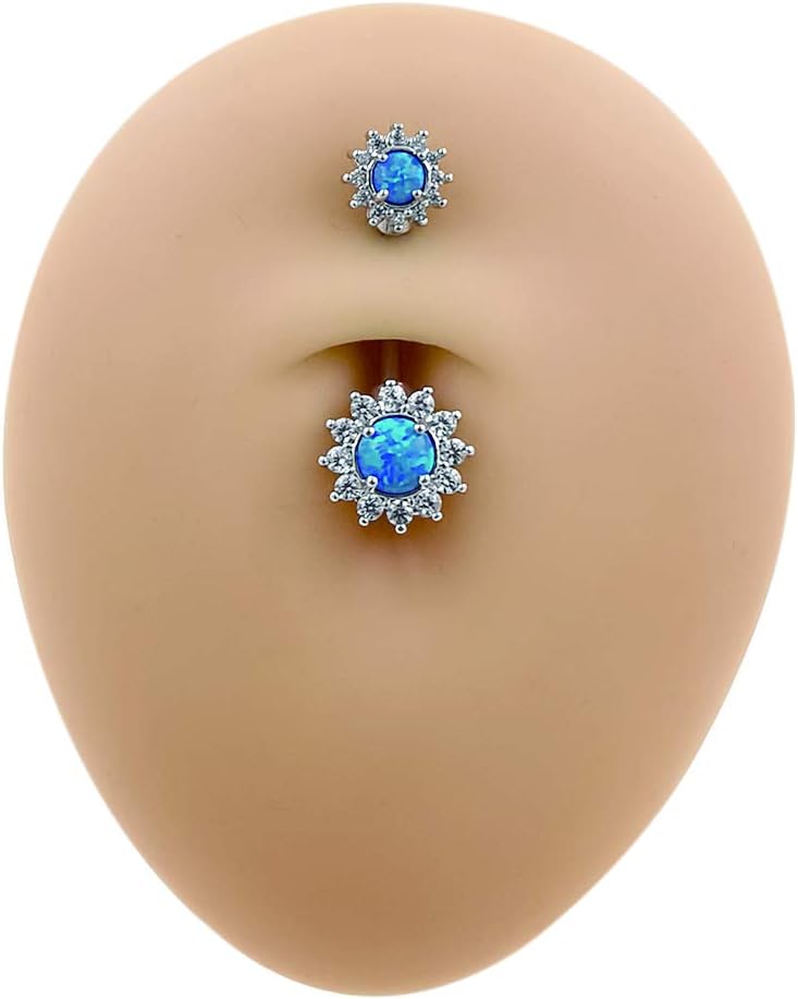 Excepro Belly Rings 316L Surgical SS 14G White Blue Sun Flower CZ Opal Body Jewelry Shiny Belly Button Rings