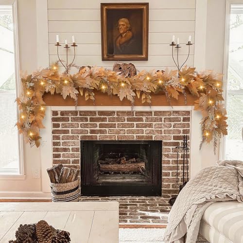 Image of NUTIKAS Neutral Fall Garland with Lights - 6 Ft Lighted Fall Felt Leaves for Mantle Outdoor Decor Light Up Autumn Leaf for Home Fireplace Decorations