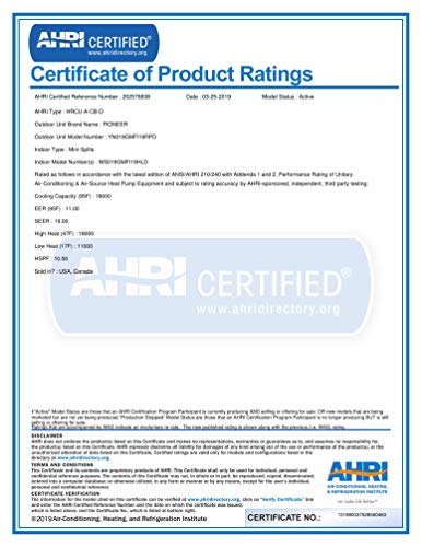 image for PIONEER Air Conditioner WYS018G-19 Wall Mount Ductless Inverter+ Mini 