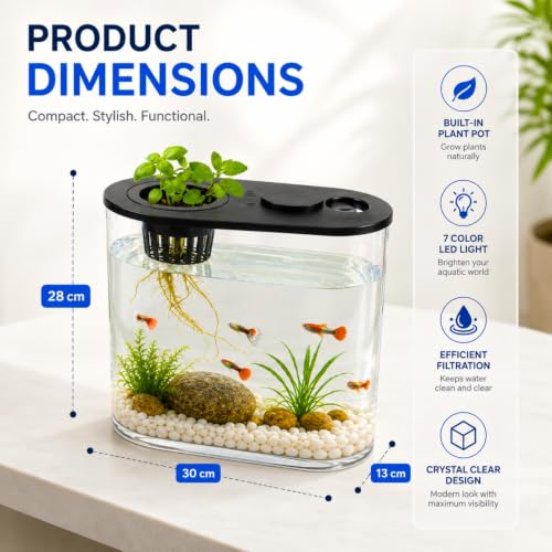Image of VAYINATO PS-30L (Black) 10L Fish Tank with Plant Growing Basket & 7-Color LED Light | 30H x 13B x 28L cm Desktop Aquarium for Guppy, Betta & Small Fish | Stone & Plant Not Included