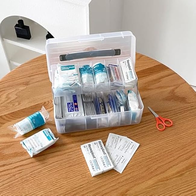 Bandage Organizer with Lid and Handle, Plastic Bandaid Storage Container for Home Medicine Cabinet, First-Aid Holder for Strip, Medical Elastic Wrap, Alcohol Swab Sorter Box, 2 Pack