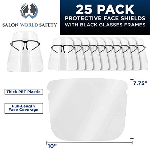 Image of TCP Global Salon World Safety Face Shields with Black Glasses Frames (Pack of 25) - Ultra Clear Protective Full Face Shields to Protect Eyes, Nose, Mouth - Anti-Fog PET Plastic, Goggles