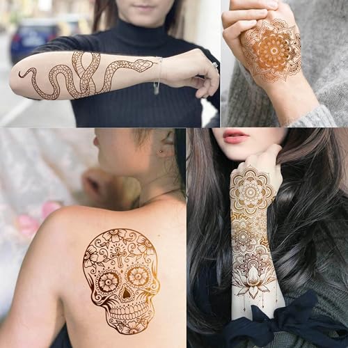 Image of VANTATY 9 Sheets 95+ Patterns Flash Gold Temporary Tattoos For Women, Vintage Indian Tribal Bohemia Lotus Mandala Flower Fake Jewels Tattoo Sleeve For Adults, Glitter Golden Metallic Tatoo Sticker