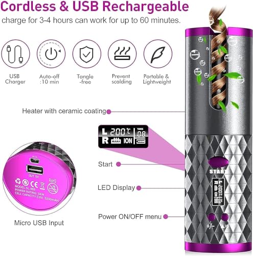 Image of Cordless Automatic Hair Curler - Portable Curling Iron With LCD Temperature Display, Fast Heating, Auto Rotating, USB Rechargeable for Travel and Home