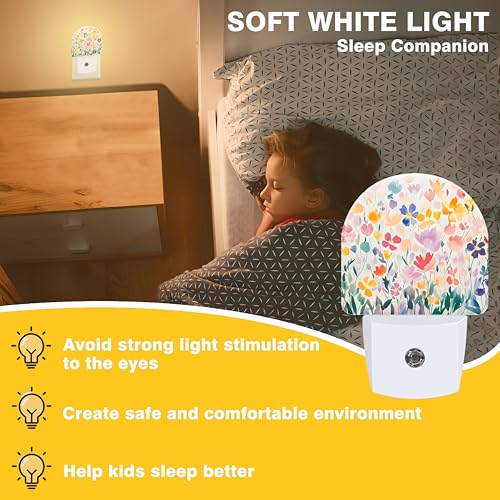 Image of Night Lights Plug into Wall Watercolor Floral Night Light Dusk to Dawn Smart Sensor Decorative Round Led Lamp for Bedroom Kitchen Hallway Nightlight for Women Men