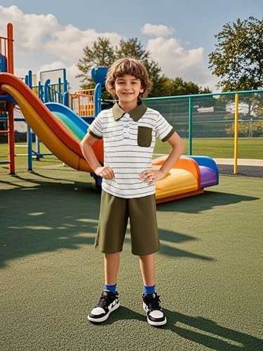 Image of Toddler Kid Boy Clothes Textured Striped Polo Collar Top Summer Shorts 2PC Summer Outfit Set