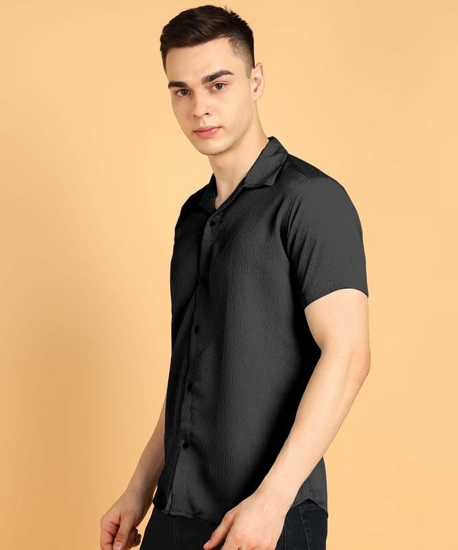 Image of COMBRAIDED Men's Solid Cotton Blend Half Sleeve Shirt - Regular Fit Casual Button-Down Shirt for Office & Travel - Summer & Spring