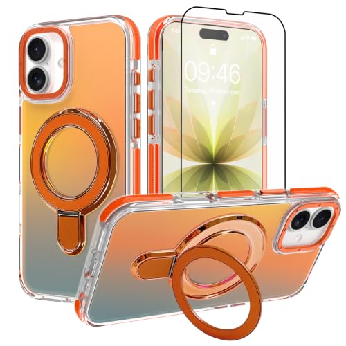 Image of Magnetic for iPhone 17 Case with Stand [Compatible with Magsafe] [Cute Fashion Fluorescent Design] [1 Screen Protector] Slim Translucent Matte Case for iPhone 17 6.3 inch 2025, Orange