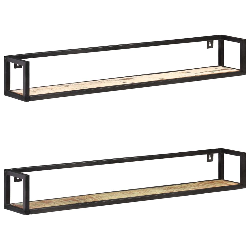 Bastidores de pared 2 PC. 120 cm viejo madera maciza | Marco de hierro negro, capacidad de carga de 50 kg por estante, estilo industrial, juego para sala de estar