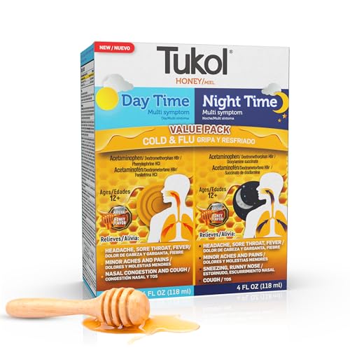 TUKOL Honey Day and Night Cold and Flu Medicine - Cold and Cough Medicine for Adults, Multi-Symptom Formula for Headache, Fever, Sore Throat, Cough, and Nasal Congestion, 4 Oz Each