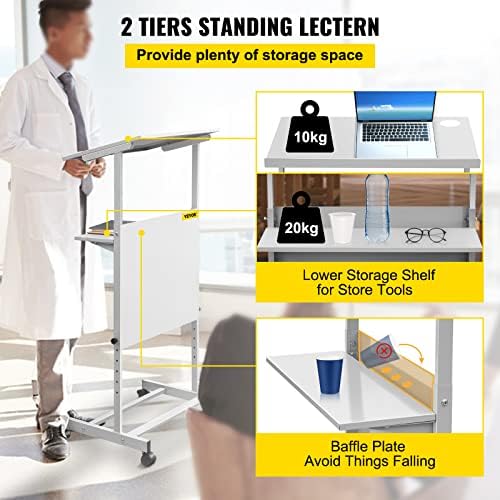VEVOR Standing Lectern, Height Adjustment Portable Pulpit, 4 Rolling Casters Lectern Podium Stand, Lower Storage Shelf Floor Lectern Podium, White Lecterns & Podiums for Classroom, Concert, Church