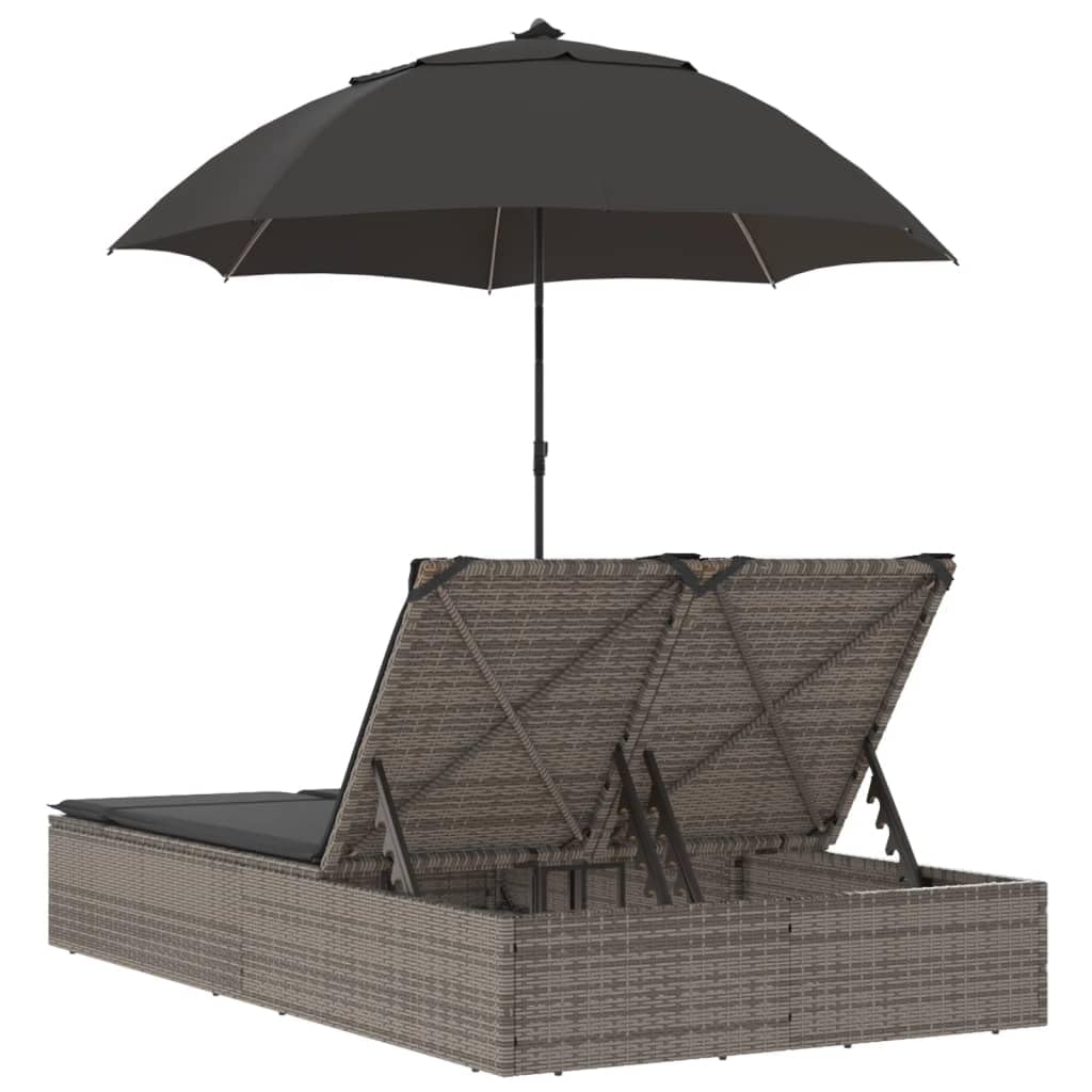 vidaXL Chaise Longue Double et Coussins et Parasol Gris résine tressée