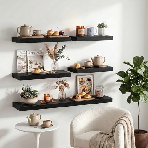 Image of Dreamland 16 inch Floating Shelves for Wall, 12 inch Deep Thicker Black Floating Shelves, Wall-Mounted Shelves for Bedroom, Living Room, Kitchen, Bathroom - Set of 3