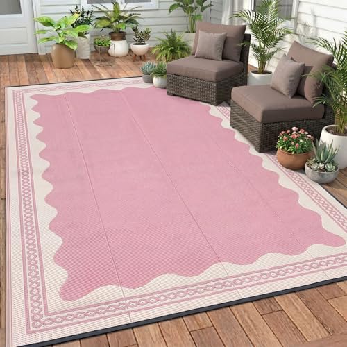 Dunzy Scalloped Outdoor Patio Rug 5 x 8 ft Non-Slip Plastic Straw Scalloped Carpet Waterproof Indoor Outdoor Area Mat for Outside Rv Camping Deck Pool Beach Porch Backyard(Pink)