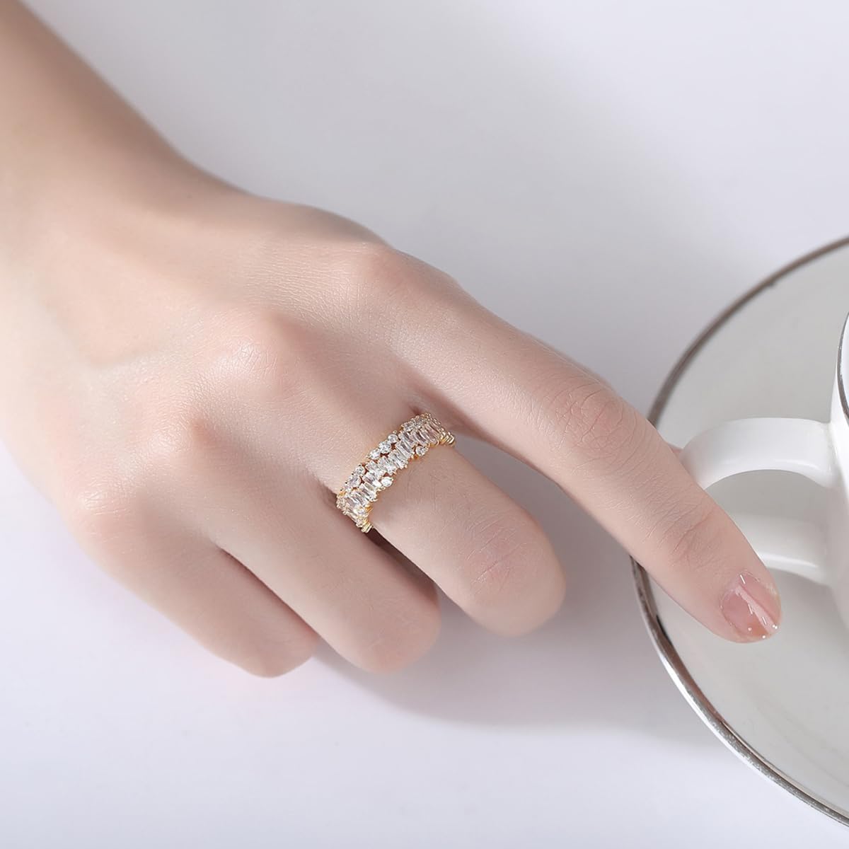 Double Row D-color Brilliant VVS1 Moissanite Wedding Band Ring for Women, Stacking 14K Gold Open Ring, Elegant Choice for Engagement
