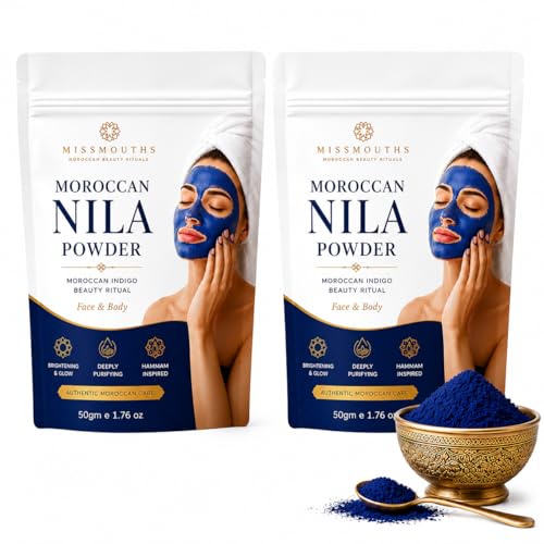 Image of Moroccan Nila Powder - Indigo Blue Face Pack for Skin Brightening, Tan Removal & Detox | Traditional Moroccan Hammam Beauty Treatment for Face & Body Care | 50g (50G - PACK OF 2)
