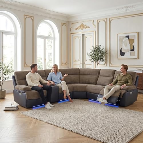 Image of Power Recliner Sectional Sofa, L-Shaped Living Room Furniture Set, Reclining Sectional Couch with Storage Console /Cup Holder for Living Room /House /Apt (Brown & Grey, 5 Seater)