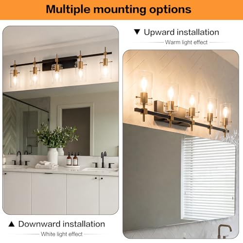 Image of SOLFART 40.1 inch Vintage Brass Bathroom Vanity Light fixtures Bathroom Wall Lights Over Mirror with Glass Shade 5 Light