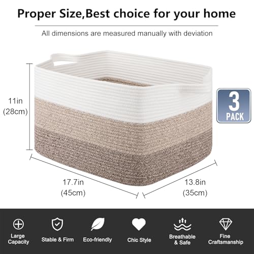 Image of OIAHOMY Rectangle Woven Storage Basket - Nursery Cotton Rope Baskets for Storage, Toy Basket Organizing for Living Room, 17.7 inchx13.8 inchx11 inch- Pack of 3 - Gradient Yellow