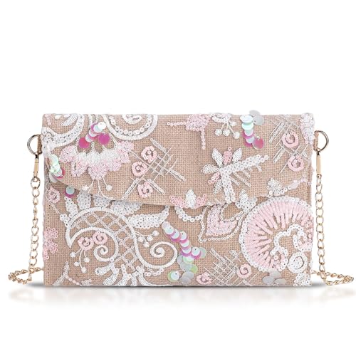 Image of Clutch Purses for Women, Envelope Package, Sequin Embroidered Flowers Straw Bag, Bohemian Handmade Handbags, Crossbody Bag for Vacation, Travel, Banquet(Styles 22)