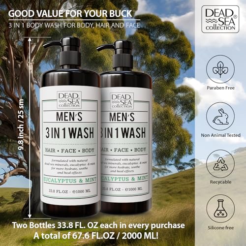 Image of Dead Sea Collection Eucalyptus Mint Men's Body Wash - 3 in 1 Body Wash for Men for Hair, Face & Body - Moisturizing Shower Gel with Dead Sea Minerals - Pack of 2 (33.8 fl oz each)