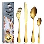 Cutlery Set, BEWOS 32 Piece Stainless Steel Matt Gold Flatware Set, Tableware Silverware Set with Spoon Knife and Fork Set, Service for 8, Dishwasher Safe/Easy Clean