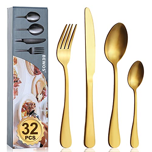 BEWOS 32 Piece Matt Gold Cutlery Set, Service for 8