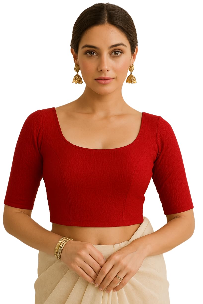 pre smart Stretchable Crush Fabric Blouse for Women | Round Neck, Elbow Sleeves | Stylish Scoop Back Design | Readymade Blouse for Saree & Lehenga-picture-28