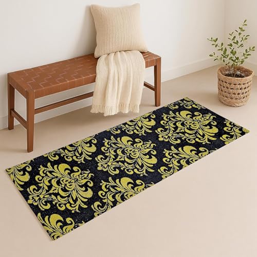 Image of SAGON 2x5 Ft Printed Runner Carpet - Cotton Bedside Rug for Bedroom & Living Room (Antique Floral Golden)