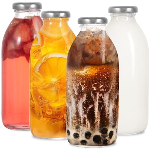 LIMILI Botellas de vidrio con tapas, 4 botellas de leche de vidrio con tapas, botellas de vidrio transparente de 500 ml, botellas de jugo, botellas de leche reutilizables para preparación de