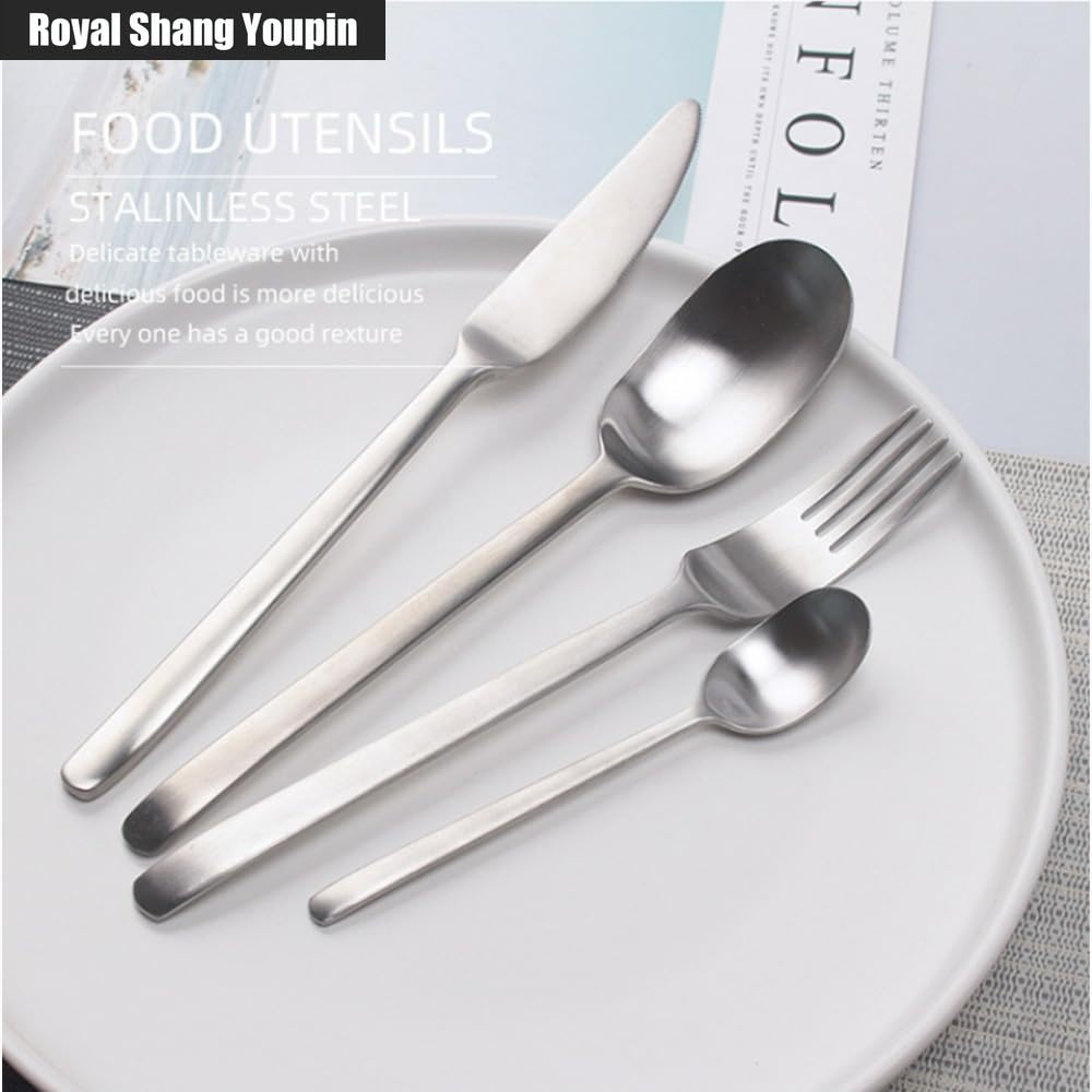 Maniglia Satinata Opaca Cucina Acciaio Inossidabile Posate Stoviglie Posate Coltelli Forchette Cucchiai Set Coltello Da Bistecca Cucchiaio Da Dessert (Oro,16 pezzi)