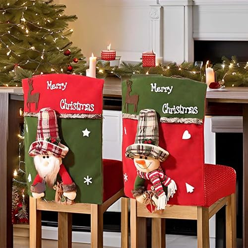 TAOKTEER 1 Set of 2 PCS Christmas Chair Covers, Cute Fuzzy Santa Claus Snowman Slipcover Xmas Chair Back Covers for Christmas Dinning Chair Covers Holiday Christmas Decoration