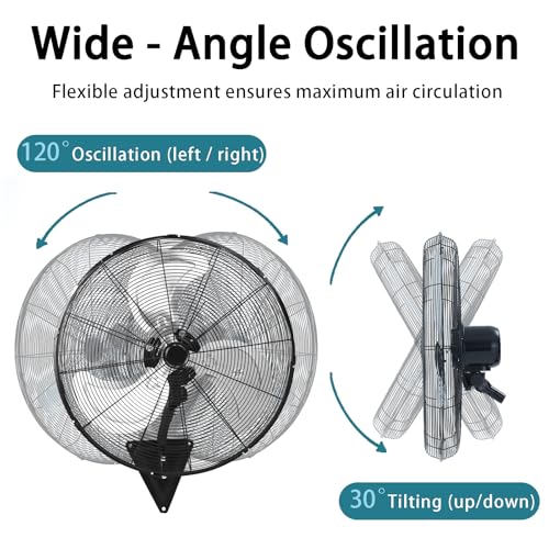 Image of AZOUTDOOR 24 inch Wall Mount Fan, 8850 CFM High Velocity Industrial Wall Fan with 3-Speed Setting, 120 Oscillating Mounted Fans for Warehouse, Workshop, Garage, Patios, Commercial Use ETL Listed, Black