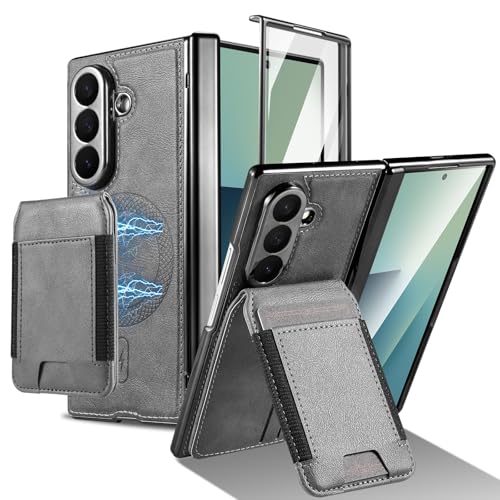 Étui portefeuille en cuir fin pour Galaxy Z Fold 7 avec protection écran gris