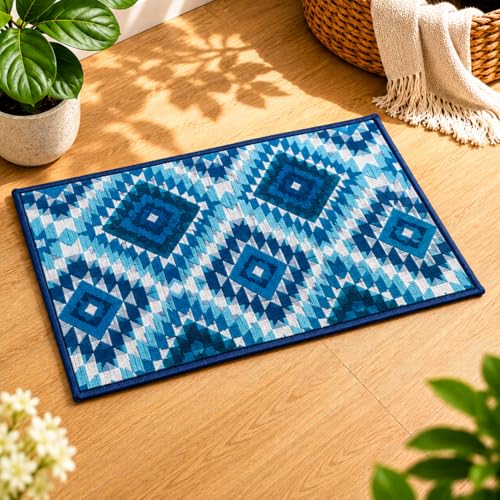 Image of Matz&More Pattern Aztec Diamonds Floor Mat | 40x60 CM | Blue | Nylon Tufted Gel Baking Anti-Slip | Doormat for Home Entrance, Kitchen & Bedroom