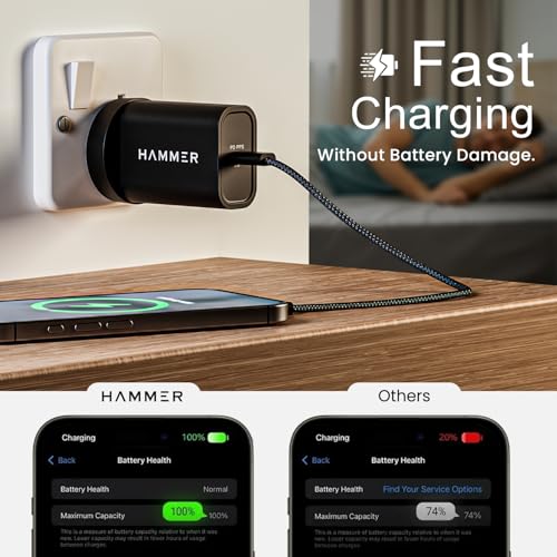 Image of Hammer 36W Fast GaN Charger, iPhone 0 to 50% in 30mins, Compatible with iPhone 17,16, 15, 14, 13, 12, Samsung Mobiles & Laptop, FCC /CE Certified, 2 Yr Warranty, with C to C Cable (Black)