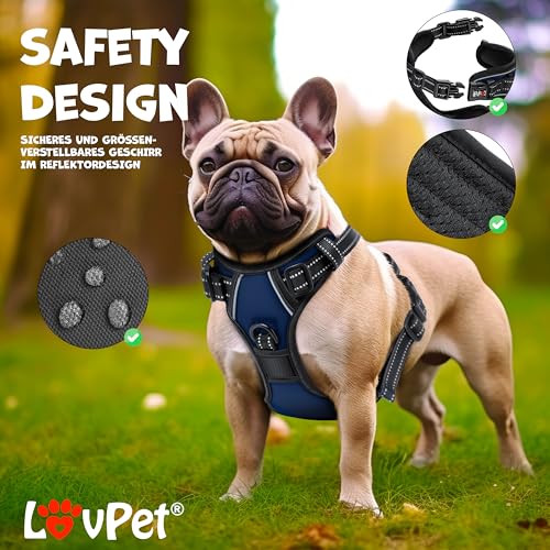 LOVPET® Hundegeschirr ohne Zug & Würgen für kleine Hunde & Welpen atmungsaktiv & weich Brustgeschirr reflektierend | No-Pull-Geschirr inkl.Beutelrollen | Verstellbares Geschirr mit Griff Navyblau - M