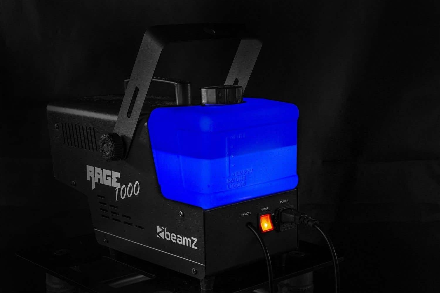 BeamZ Rage 1000 Machine à Fumée 1000 Watts, Réservoir 2 L, Design Unique et Solide, Télécommande sans Fil et Filaire 3m, Etrier de Montage, Idéal pour une Soirée de 70 m²