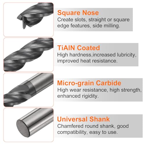 Image of HARFINGTON Carbide Square Nose End Mill Bit 3 /16 inch Cut Dia 4 Flutes TiAlN Coated Milling Cutter for Hardened Steel Metal (3 /16 inch Shank 1-1 /8 inch Cut Length 3 inch Long 30 Degree Helix)