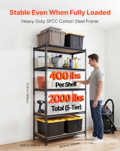 Image of VEVOR Storage Shelves, 5-Tier Adjustable, 2000 lbs Capacity, Heavy Duty Garage Storage Shelving Unit, Metal Utility Rack Shelf, for Garage Warehouse Basement Kitchen, 36.34 inch W x 18.07 inch D x 71.38 inch H
