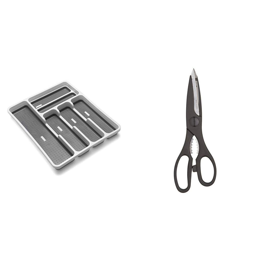Addis 6-Compartment Drawer Organiser & KitchenCraft Multi-Purpose Stainless Steel Kitchen Scissors/Bottle Opener, 21 cm (8.5")