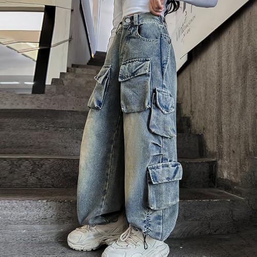 Teen Kids Girls Floor Cargo Trousers High Waist Button Wide Leg Jeans Multi Pocket Girls Baggy Streetwear Jeans4