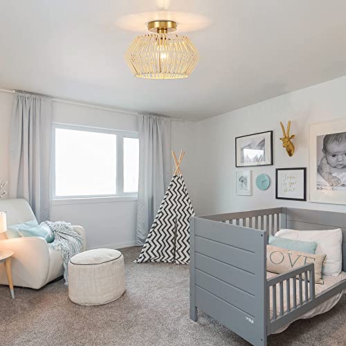 Lampression Rattan Semi Flush Mount Ceiling Light With Brass Canopy, 12.6" Semi Flush Mount Light Fixture With Hand Woven Rope Shade, Bohemian Ceiling Light For Hallway Bedroom Kitchen Entryway #TOP3