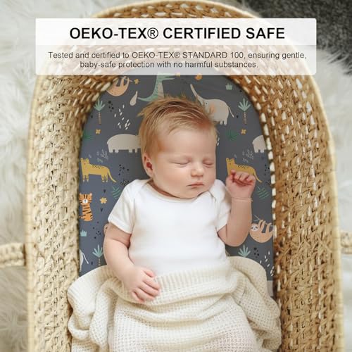 Image of Little Grape Land Bassinet Sheets for Baby Boys Girls 3 Pack, 33 inch x 18 inch Extra Soft Breathable Fitted Bassinet Sheets, Bedside Sheets Fit for Oval Rectangle and Hourglass Bassinet Mattress (Animal)