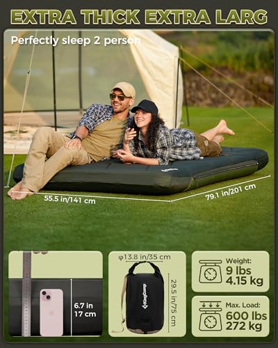Image of KingCamp Gorgeous Double 6.7 inch Camping Mattress with Washable Foam Cover, Extra-Thick Full Size Inflable Mattress with Pump Sack, Portable Double Mattress for Camp Outdoor Tent, Car & Guest