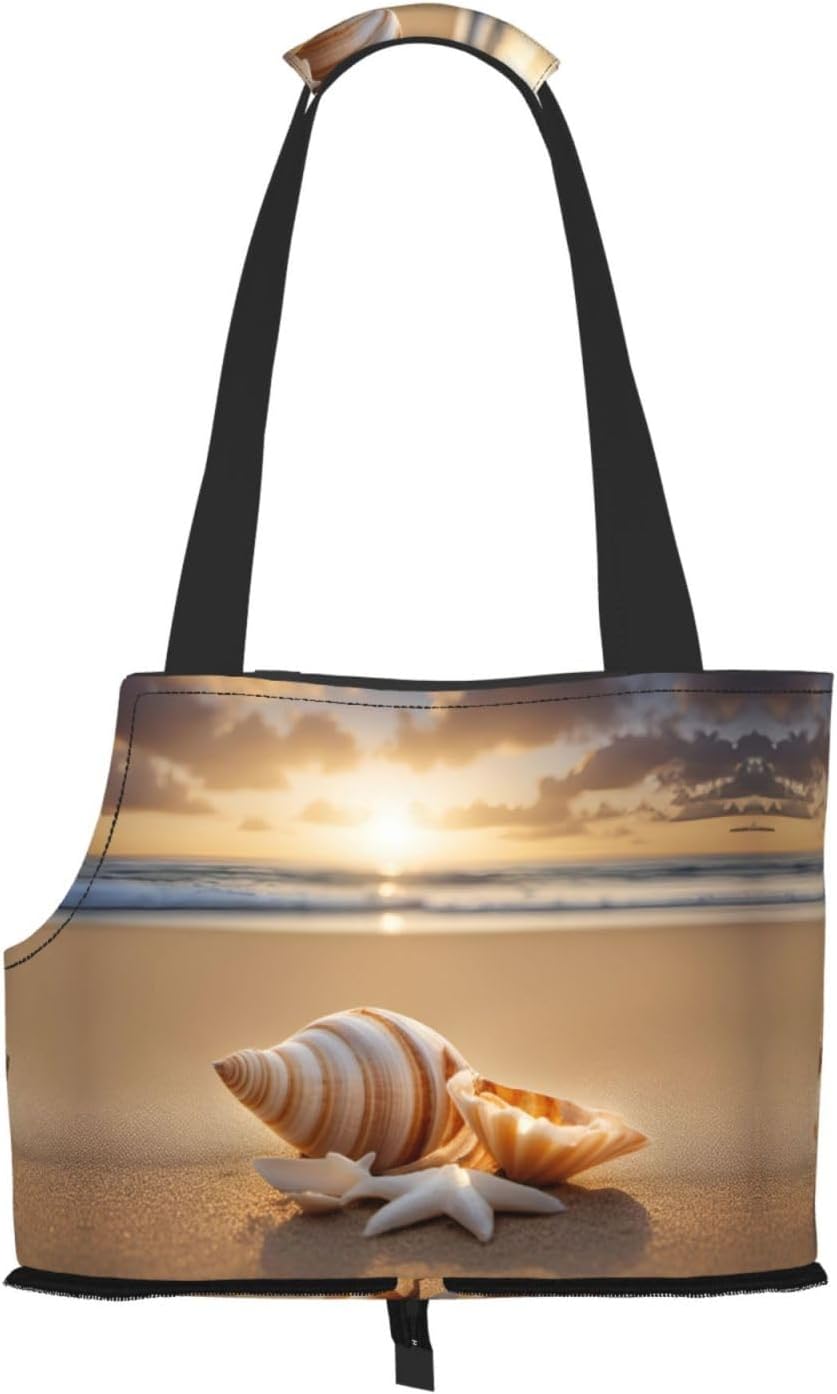 Seashell Landscape On The Beach Print Portable Foldable Shoulder Bag for Travel,with Collar Hook and Handle Pad,Cute Stylish Design