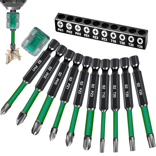 Juego de bits de destornillador de 70 mm de largo, Ph1 Ph2 Ph3 Pz1 Pz2 Pz3 T10 T20 T25 T30 Juego de bits con cabeza magnética con un imantador, eje hexagonal de 1/4'